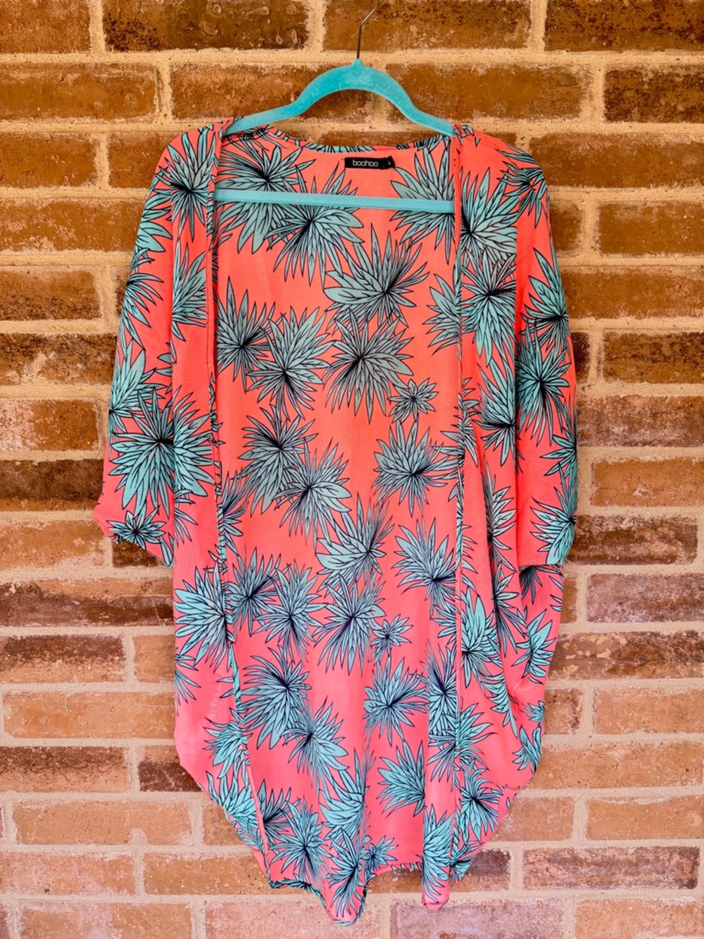 Boohoo Coral Pink Floral Swim Coverup with Teal Leaf Print